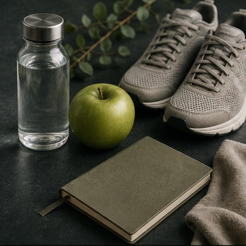A calm morning arrangement with water, fruit, walking shoes and a notebook