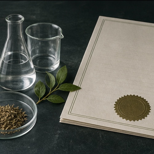 Abstract glass vessels, paper records and natural materials in soft daylight