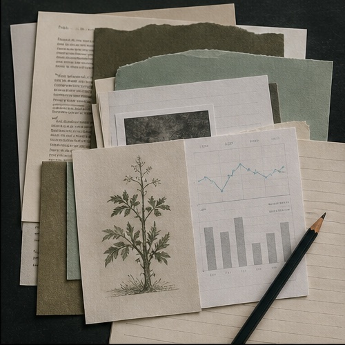 Layered headlines and evidence notes separated across an editorial work surface